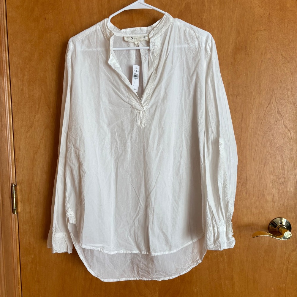 Lou & Grey for Loft White Long Sleeve Cotton Gauze‎ Top Tunic Blouse - Small